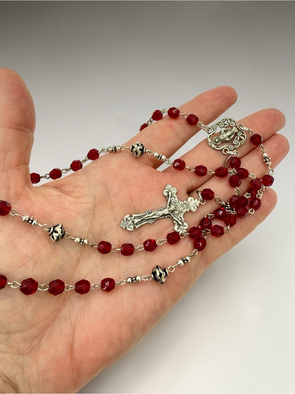 Donna Dressler Sterling Silver Ruby Crystal Rosary Crucifix VTG Tagged 26” w 6”D - Picture 7 of 17